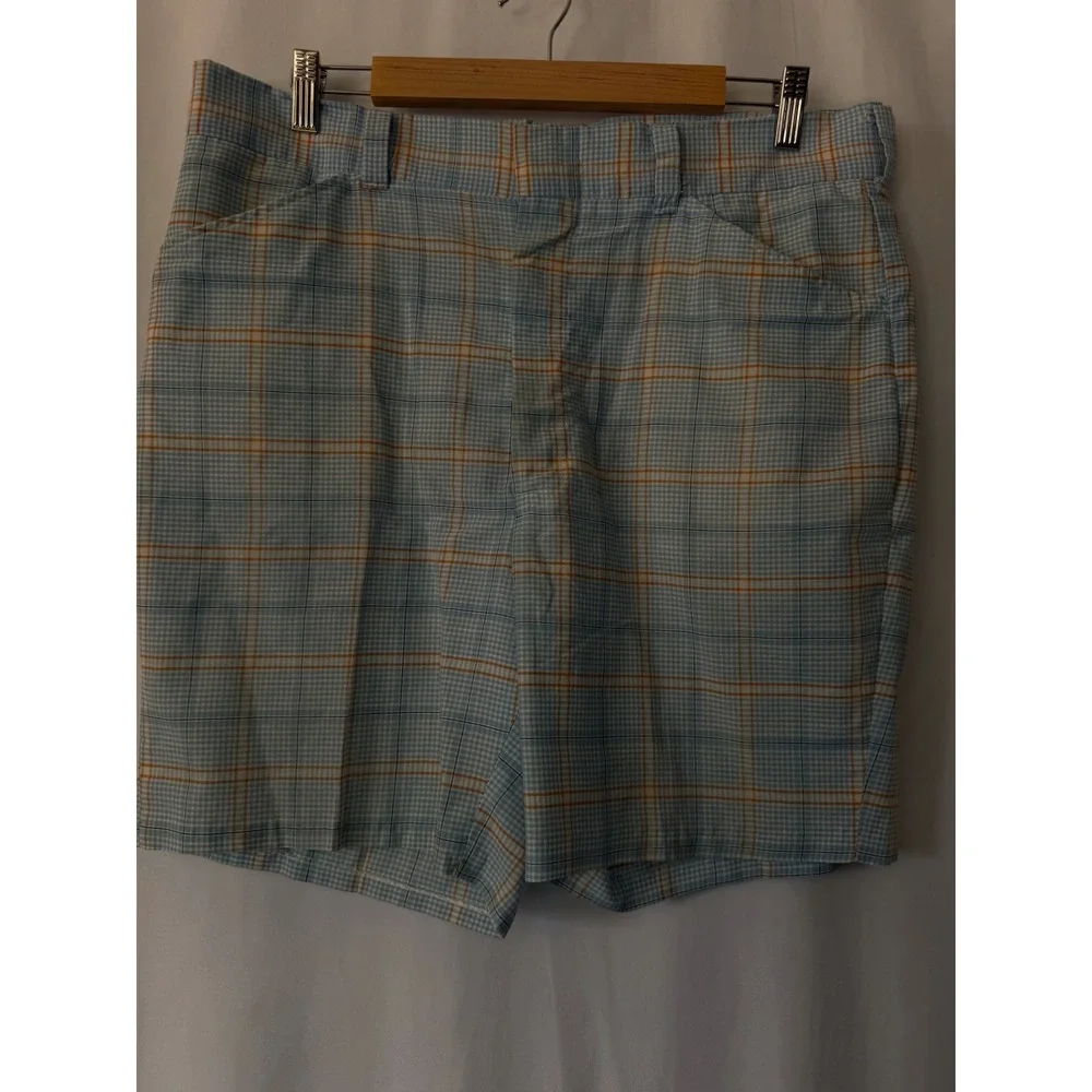 Vintage Permanent Press Plaid Shorts Mens 35 Blue Orange Check Retro Golf 70s
